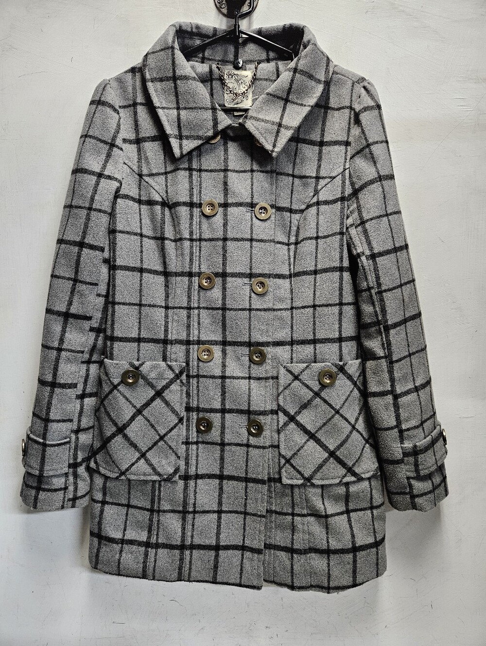 Tulle Womens Medium Grey Plaid Pea Coat Vintage 2000s Y2K Outerwear Jacket